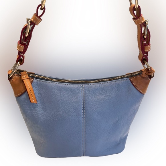 Vintage Dooney & Bourke Sky Blue Leather Tan Trim Shoulder Purse EUC - Picture 1 of 16
